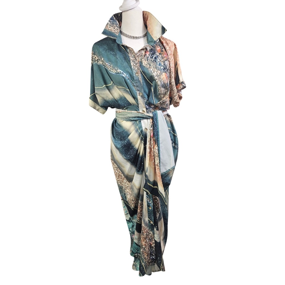Womens Abstract Landscape Print Short Sleeve Button Front Tie Waist Maxi Dress